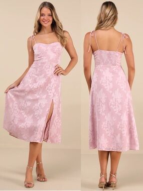 NWT Lulu’s Loveliest Looks Blush Pink Floral Jacquard Tie-Strap Midi Dress XL